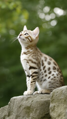 Playful spotted kitten sitting on rock looking up with alert expression in natural outdoor setting