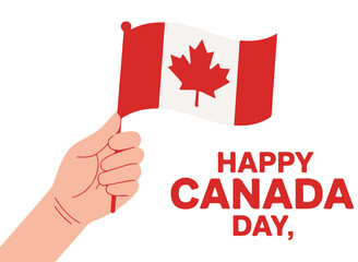 Happy Canada Day Greeting with Hand Waving a Small Canadian Flag
