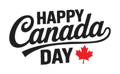 "Happy Canada Day" Black Script Lettering with Red Maple Leaf Symbol
