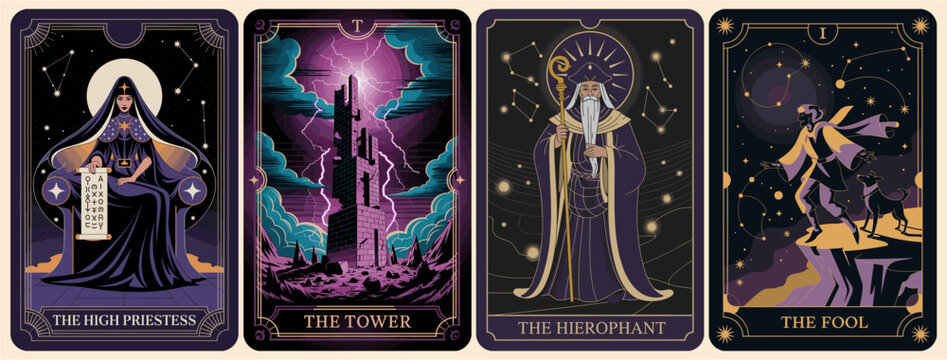 Vector set of vintage tarot cards. The High Priestess, The Hierophant, The Tower, and The Fool. Mystical, symbolic illustrations perfect for spiritual and esoteric designs.