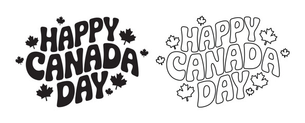 Playful "Happy Canada Day" Black and White Lettering Set with Maple Leaves
