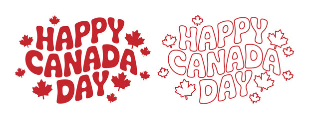 Playful "Happy Canada Day" Red Lettering Set with Maple Leaves
