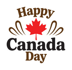 Happy Canada Day Graphic Logo with Red Maple Leaf and Decorative Flourishes
