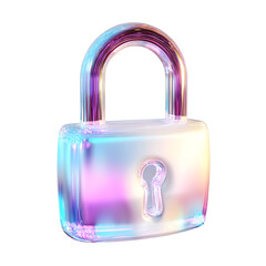 A digitally rendered transparent padlock icon with a holographic iridescent color gradient symbolizing the advanced security of intelligence technology