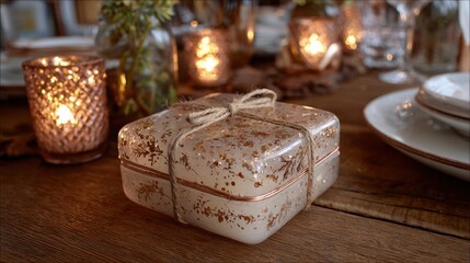 Elegant Gift Box on Rustic Table with Festive Dining Atmosphere and Romantic Candles