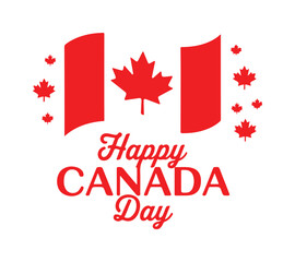 Happy Canada Day Red Typography with Stylized Waving Flag and Maple Leaves
