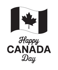 Happy Canada Day Greeting with Waving Canadian Flag Icon  Black and White

