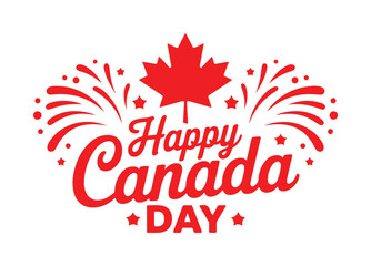 Festive "Happy Canada Day" Greeting with Red Maple Leaf and Fireworks Burst
