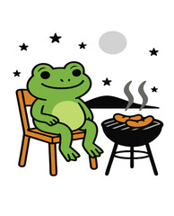 A cartoon frog sitting on chair cooking grill enjoy night view vector art on white background