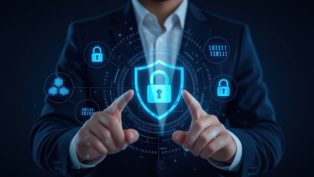 Cybersecurity Concept with Digital Shield and Lock Graphics