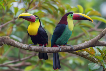 Obraz premium Two toucans perched on tree branches, toucan