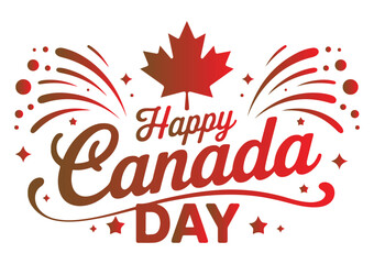 Happy Canada Day Gradient Lettering Festive Canadian Holiday with Maple Leaf and Fireworks
