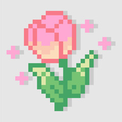Pixel art red rose flower. Retro 8-bit style design. Romantic and vintage floral illustration. Isolated and editable vector.