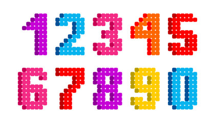 Bright pixel bead numbers 0 to 9 in colorful style. Fun and vibrant digital number set for educational, craft, or kid-themed design projects.