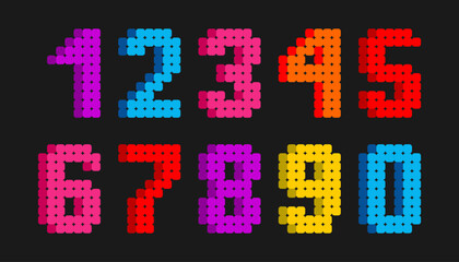 Bright pixel bead numbers 0 to 9 in colorful style. Fun and vibrant digital number set for educational, craft, or kid-themed design projects.