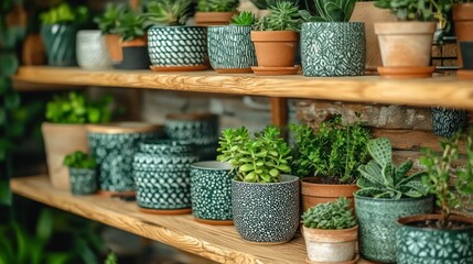 Succulents and other plants in various pots on wooden shelves against a brick wall