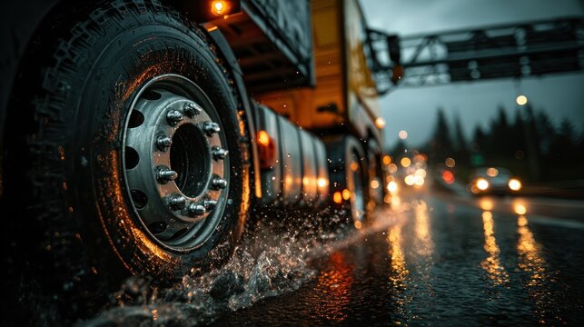 Heavy truck tire on rainy road at night