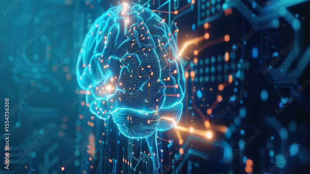 Poster A futuristic computer circuit board featuring a glowing brain, suitable for use in technology and innovation illustrations