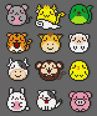 Cute pixel bead icons of 12 Chinese zodiac animals. Colorful, simple, and fun cartoon design for kids, culture projects, or decorative use.