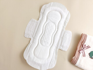 Clean sanitary napkins are placed next to underwear, symbolizing cleanliness, comfort, and care of...