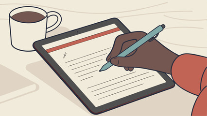 Person writing on a tablet with a stylus next to a mug of coffee on a light colored surface view