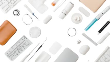 Flat lay of various office supplies and gadgets with a clean aesthetic for modern workspace organization
