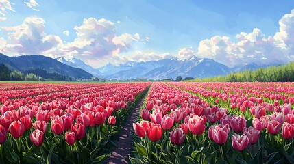 Serene Pink Tulip Field in Mountain Valley Spring Landscape Blooming Flowers