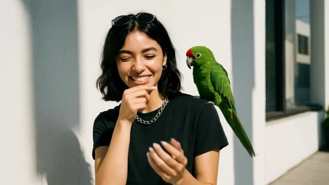 Cheerful woman with a parrot on her shoulder, smiling in a sunlit outdoor setting. Captured from a front angle, ideal for a lifestyle video theme.