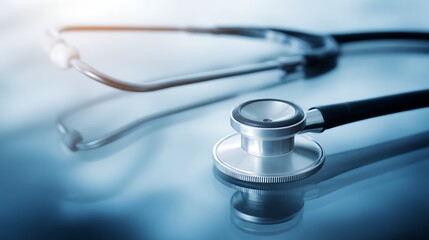 Stethoscope on reflective surface in cool tones