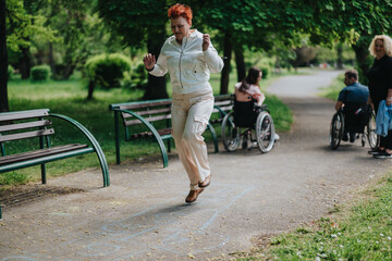 People are seen in a park, participating in various physical activities. The lush greenery creates...