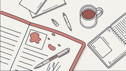 Overhead view of desk with open notebook coffee mug pens and spilled liquid in a simple drawing style