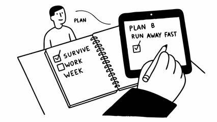 Person making plans with a notebook and tablet showing plan b run away fast and survive checklist plan
