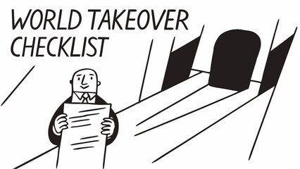 Man in suit holding checklist with world takeover text and a dark abstract shape in the background