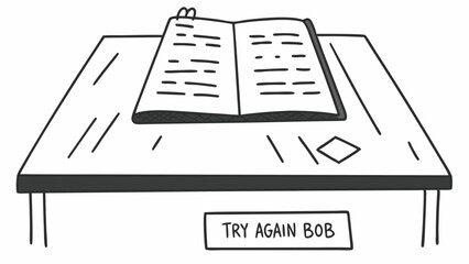 Open book with text on a table with a diamond shape and a sign that says try again bob present