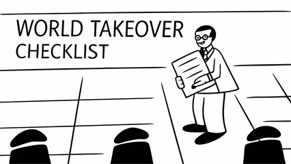 Cartoon of a man with glasses holding a checklist in front of a world takeover checklist board plan