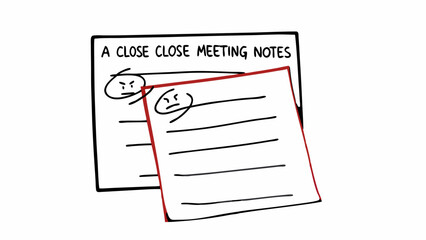 Two sheets of paper with handwritten notes and angry faces drawn on top of them in black and red ink