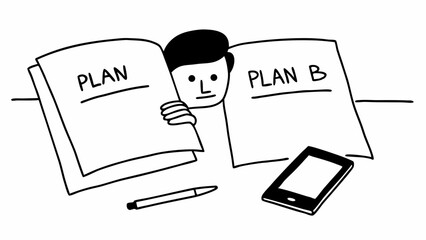 Person between plan a and plan b documents with a pen and smartphone on the table illustration