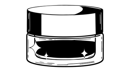 Illustration of a cosmetic cream jar with a white label and sparkles on the inside, black and white