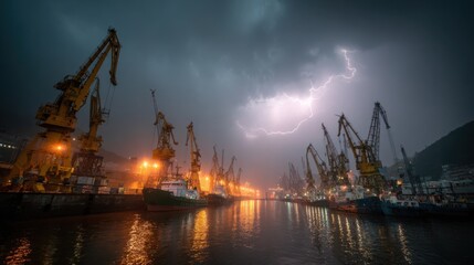 Obraz premium Dramatic Industrial Harbor Dusk: Stormy Skyline with Lightning and Towering Cranes