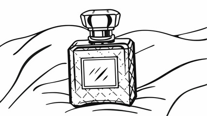 Outlined square perfume bottle with a decorative cap sitting on a wrinkled fabric surface art