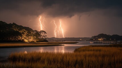 Dramatic Lightning and Stormy Nights Reflected in Tranquil Estuary Waters