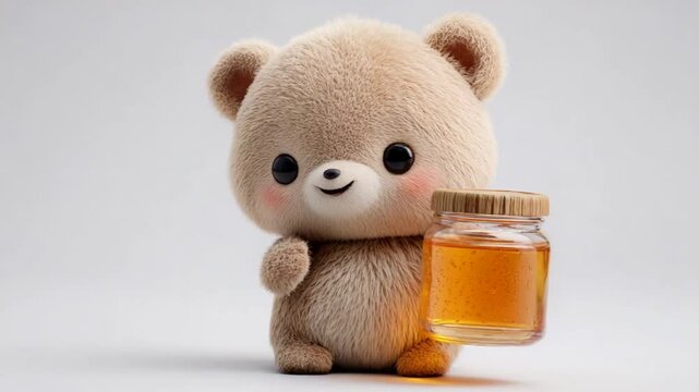 Cute teddy bear character holding a jar of honey in a soft, minimalistic setting