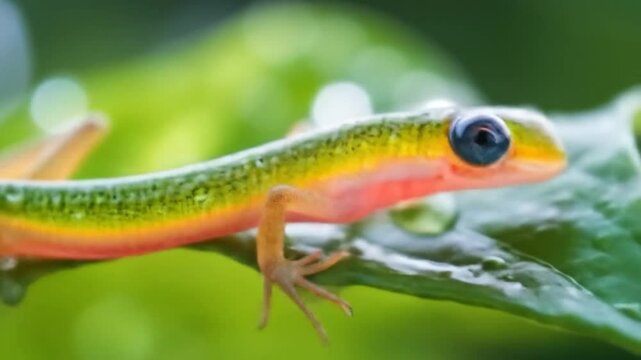Gold Dust Day Gecko on Leaf with Water Droplets, Close-Up View
