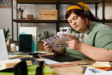 Creative woman exploring color palettes in an inspiring art studio environment