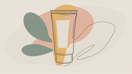 Illustration of a cosmetic tube with abstract shapes and line art in pastel color palette