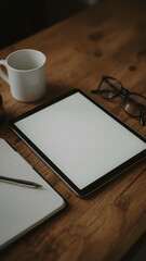 A minimalist financial workspace with a blank tablet screen, warm lighting, and cozy desk elements.