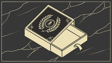 Elegant box with a laurel wreath emblem on a marble surface in a stylized isometric illustration