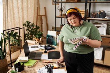 Elegant woman immersed in creativity at her inspiring art studio workspace