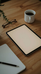 A minimalist financial workspace with a blank tablet screen, warm lighting, and cozy desk elements.