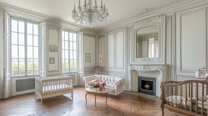 A light and airy nursery with intricate trim and a fireplace.